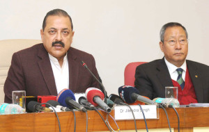 The Minister of State for Development of North Eastern Region (I/C), Prime Ministers Office, Personnel, Public Grievances & Pensions, Department of Atomic Energy, Department of Space, Dr. Jitendra Singh briefing the media about the festival Destination North East  2016, in New Delhi on January 05, 2016. 	The Secretary, North East Council, Shri Ram Muivah is also seen.