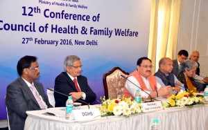The Union Minister for Health & Family Welfare, Shri J.P. Nadda addressing at the 12t conference of the Central Council of Health & Famil Welfare, in New Delhi on February 27, 2016. 	The Secretary (Health and Family Welfare), Shri B.P. Sharma, the Director General, ICMR and Secretary, DHR, Dr. Soumya Swaminathan and other dignitaries are also seen.