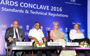 The Cabinet Secretary, Shri Pradeep Kumar Sinha, the Commerce Secretary, Ms. Rita A. Teaotia and other dignitaries at the valedictory session of the 3rd National Standards Conclave 2016 on "Challenges of Standards and Technical Regulations, organised by the Department of Commerce, Ministry of Commerce & Industry in collaboration with the Confederation of Indian Industry (CII), in New Delhi on June 24, 2016.