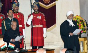 The President, Shri Pranab Mukherjee administering the oath of office to Shri Justice J.S. Khehar, as Chief Justice of India, at a swearing-in ceremony, at Rashtrapati Bhavan, in New Delhi on January 04, 2017.