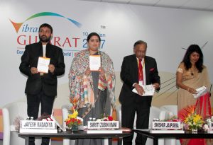 The Union Minister for Textiles, Smt. Smriti Irani releasing an information booklet at the Make in Gujarat theme seminar on Trends & Innovation impacting the Textile Value Chain, during the Vibrant Gujarat Global Summit 2017, at Mahatma Mandir, in Gandhinagar, Gujarat on January 12, 2017.