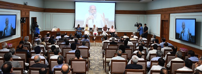 Prime Minister, Shri Narendra Modi interacting with the Secretaries to the Government of India, at Lok Kalyan Marg, in New Delhi