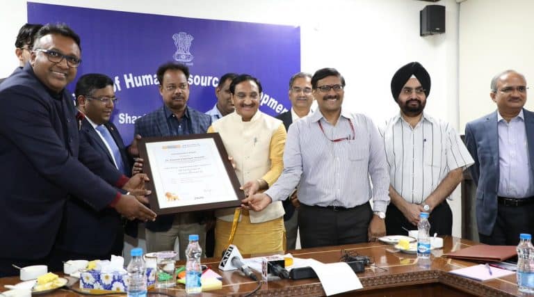 Union HRD Minister Dr Ramesh Pokhriyal ‘Nishank’ felicitates heads of IIT Bombay, IIT Delhi and IISc