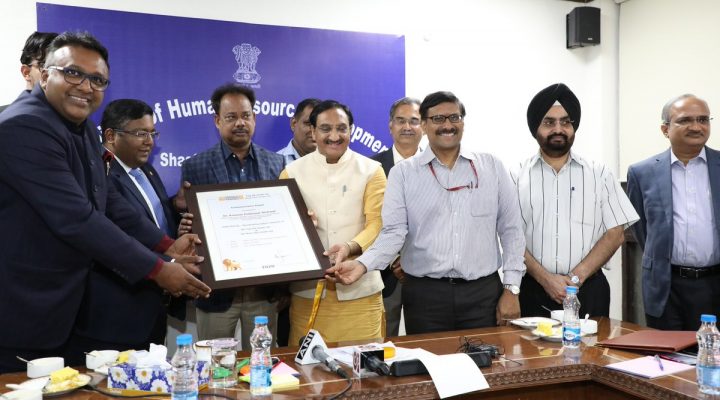 Union HRD Minister Dr Ramesh Pokhriyal ‘Nishank’ felicitates heads of IIT Bombay, IIT Delhi and IISc