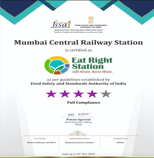 Mumbai Central station of Indian Railways conferred with “Eat Right Station
