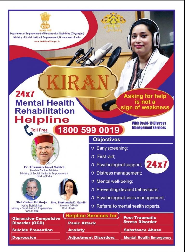 24x7 Toll-Free Mental Health Rehabilitation Helpline (1800-599-0019) ‘KIRAN