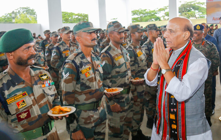 Rajnath Singh interacts with troops at Headquarters